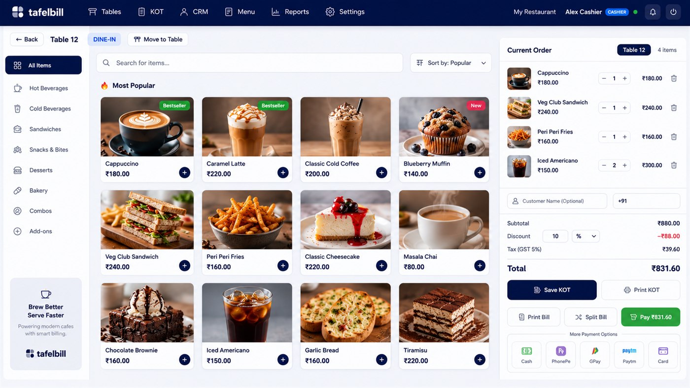 TafelBill billing screen: table 12 order with menu items, running total and payment options